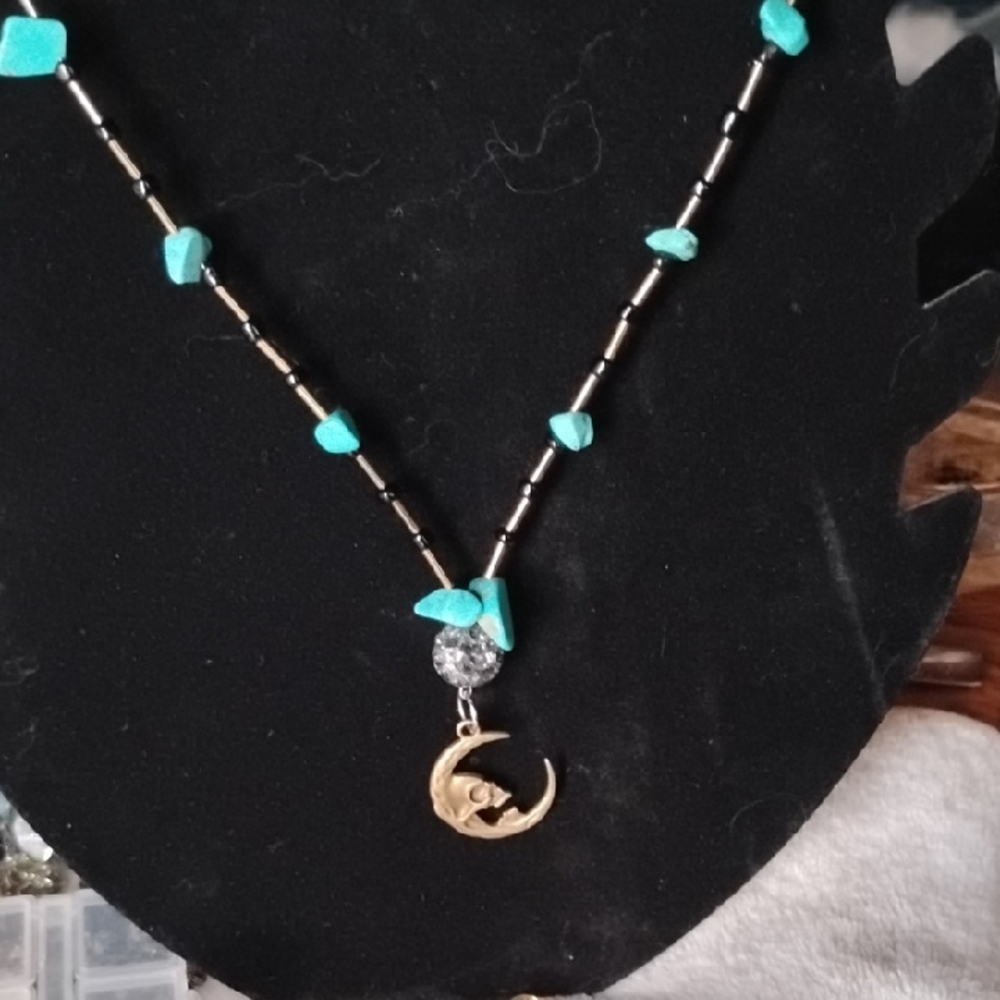 Hand Crafted Turquoise and Gold Moon and Skull Necklace